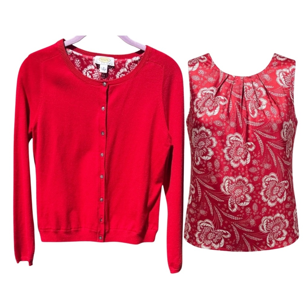 Talbots Petites Red Twinset Cardigan & Silk Blend Blouse – Size P